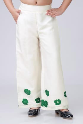 Flared Green Floral Trousers For Girls-1 Year / Emerald Green / KBT005-DPLZ00347-[65%]-2 MTR-PLCR0005-2-NIL-NIL-THY01-FS0002-ZPH03-NIL-NIL-NIL-NIL