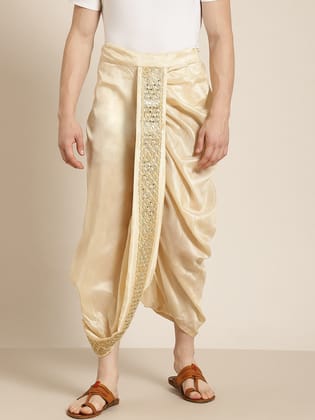 Sojanya (Since 1958), Men's Silk Blend Beige Embroidery Stitched Dhoti-Onesize / Beige