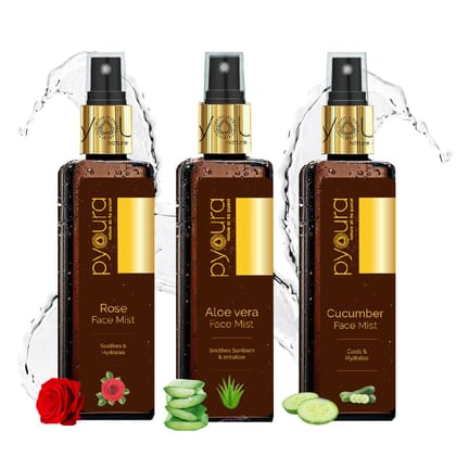 Rose+ Aloe vera + Cucumber Face Mist Summer Skincare Kit. Soothe Hydrate & Refresh with these 100% pure, alcohol free extracts. 100 ml each Pack of 3