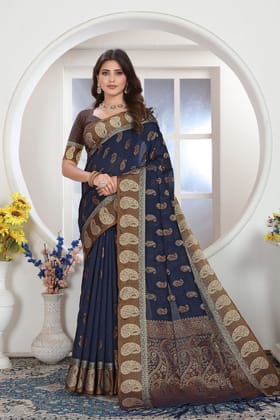 Navy Blue Chanderi Cotton Saree-Navy Blue