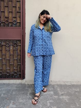 Blue Geometric Hand Block Printed Cotton Lounge Wear Coord Set-S