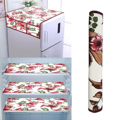 WISHLAND Single Door Fridge Cover Combo Set of 1 Fridge Cover + 1 Fridge Handle Cover + 3 Multipurpose Fridge Mats (Red)