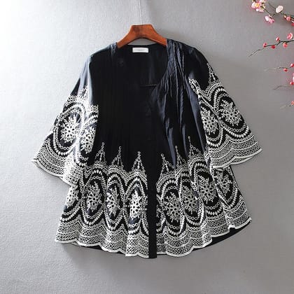 Vintage Ethnic Heavy Embroidery Ruffle Cotton Tunic For Women-BLACK / S