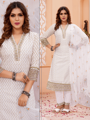 Women's Cotton Kurta-Pant, and Dupatta Set-Off White / L