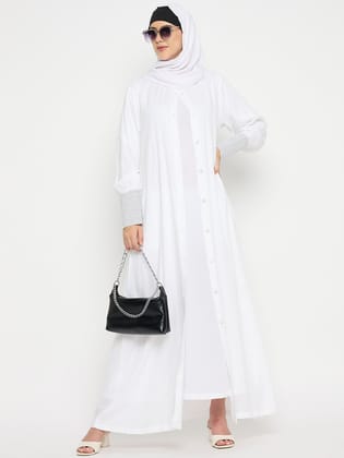 White Rayon Front Open Solid Abaya Burqa with Black Hijab for Women-XS / 54