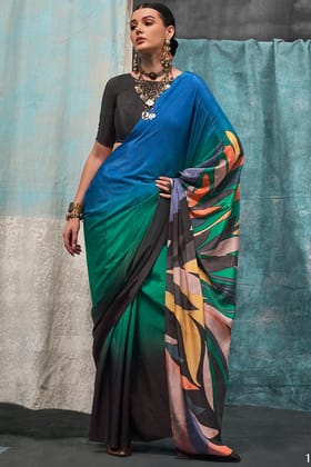 Conflate Green and Blue Digital Printed Crape Silk Saree With Groovy Blouse Piece