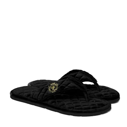 V-Strap Italian Velvet Slippers in Black Full Quilted Stitched Pattern-40/6