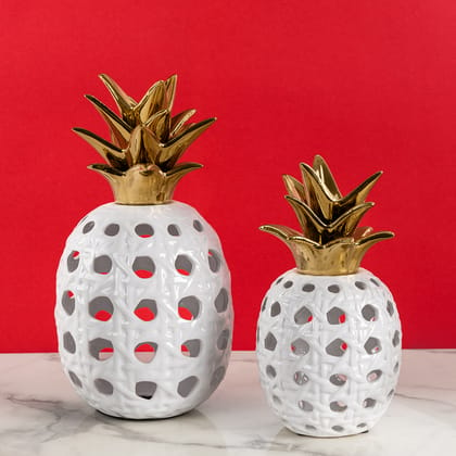 Golden Crown Pineapple Decorative Ceramic Vase And Showpiece - Pair-BIG - HEIGHT - 15 INCHES & WIDTH - 7 INCHES AND SMALL - HEIGHT - 10 INCHES & WIDTH - 5.5 INCHES / Ceramic / Available