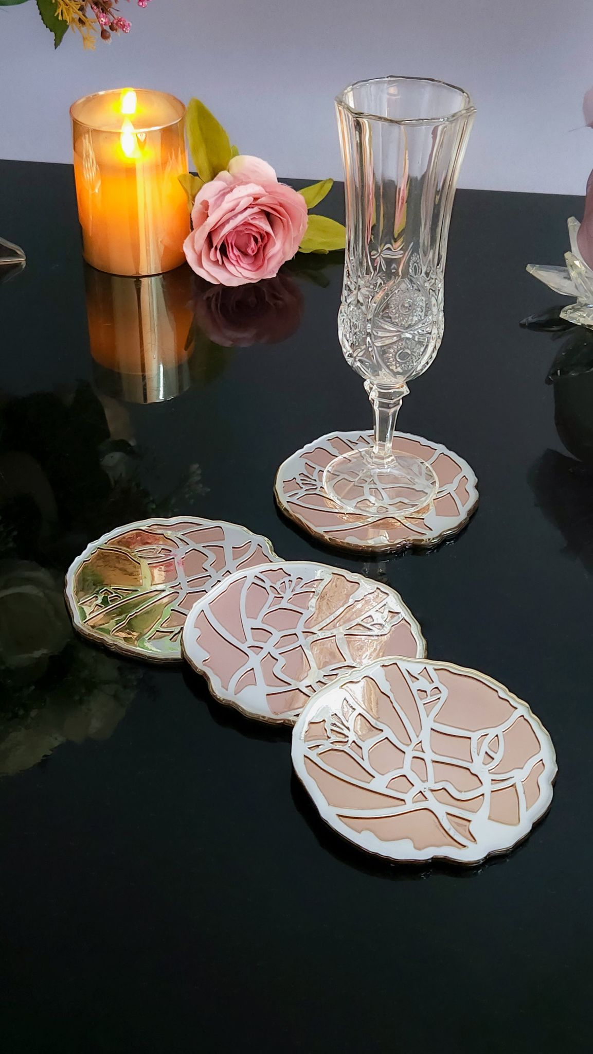 Silver Rose Gold Broken Tree: Coaster (Set Of 4)