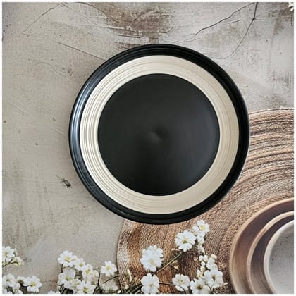 Ceramic - 8 Inch - Round Platter Plate - Ribbed - Ebony with Beige Rim