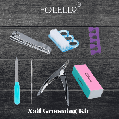 FOLELLO Nail Grooming Kit -1 Nail Clipper/Cutter with 1 Nail Tip Cutter, 1 Nail Cuticle Remover/Pusher, 1 Nail Cleaner Brush, 1 Nail Buffer Block, 1 Set of Pedicure Toe Separators for women, 1 Na