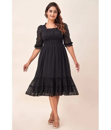 FabbibaPrints Chiffon Self Design Midi Womens Fit & Flare Dress - Black ( Pack of 1 ) - None