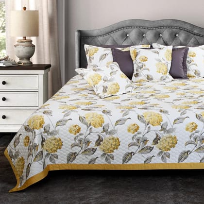 Malako Royale White and Yellow Botanic 100% Cotton King Size Bedspread-235cm x 270cm / Yellow & Grey / Botanic