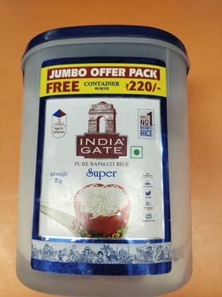 India gate pure basmati rice super 2 kg + container free 
