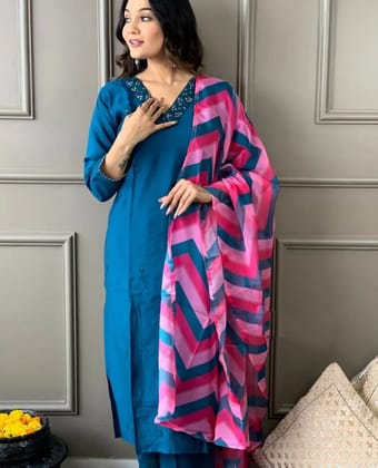 RAMA  REYON EMBROIDERY WORK KURTI PANT WITH FANCY DUPATTA-S