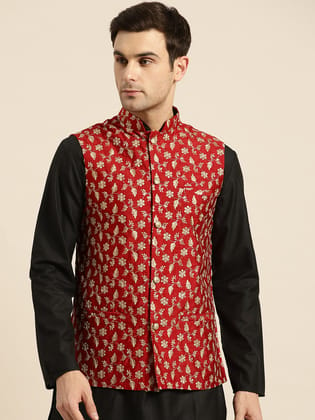 Mens Silk Blend Embroidered Red Nehru Jacket-38