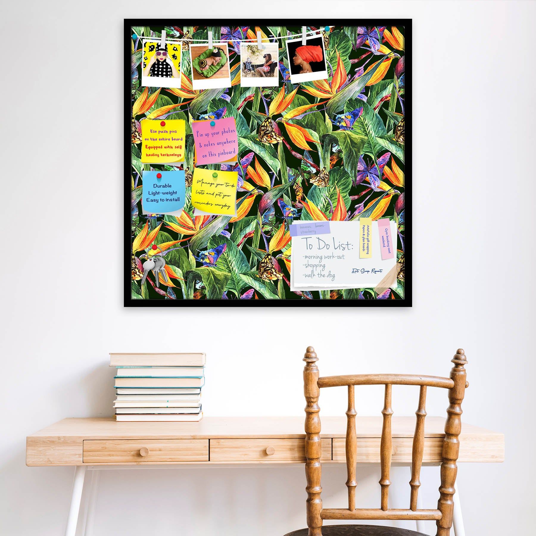 Tropical Pattern With Exotic Flowers D3 Bulletin Board Notice Pin Board Soft Board | Framed-Black Frame / 28 x 28 inch (71 x 71 cms)