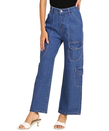 Glossia Fashion Women High Waist Baggy Wide Leg Straight Fit Cargo Jeans -  Blue, 26