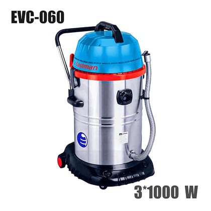 Eastman Wet & Dry Vacuum Cleaner with 60 litres Tank Capacity, 3x1000W and 25 KPa Suction Power for Home Use with Blower Function, Stainless Steel Body (Black/Red/Blue/Steel)- EVC-060