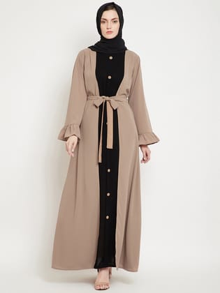 Nabia Women Beige & Black Solid Two Color Combination Bell Sleeves Abaya With Georgette Scarf-XS / 54