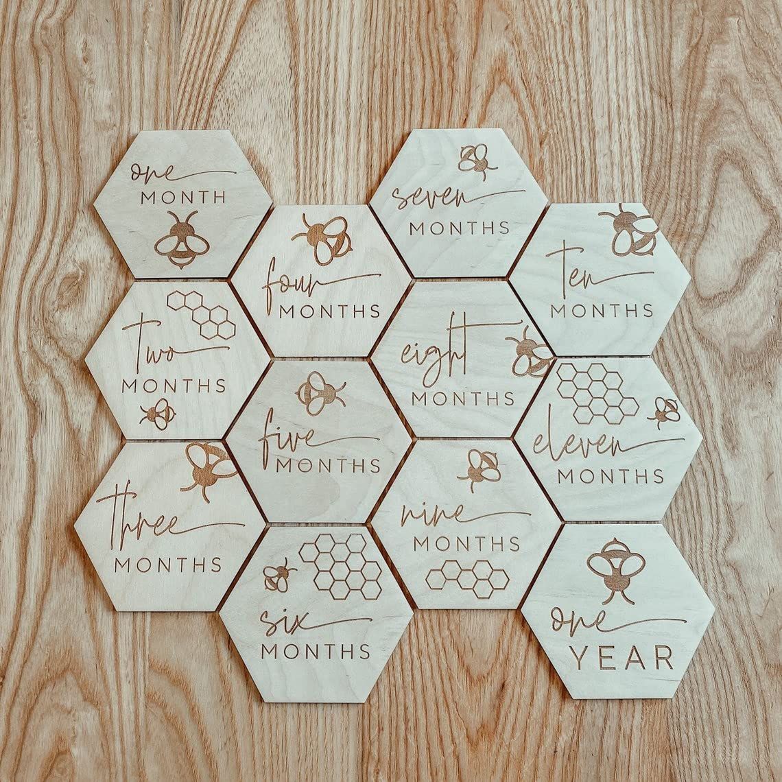 American-Elm Set of 12 Baby Monthly Milestone Markers | Hexagon | Custom | Wooden Month Signs | Bee Theme Baby Decor | Photo Prop