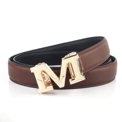 Hemener Men M  Letter Metal Auto Grip Buckle Brown Genuine Leather Belt-28