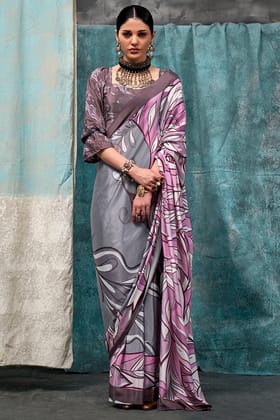 Murmurous Grey and Pink Digital Printed Crape Silk Saree With Confounding Blouse Piece