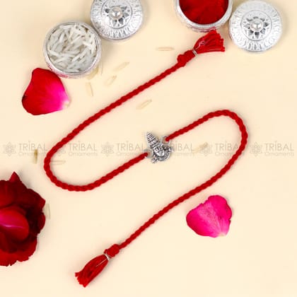 925 Sterling silver Lord Ganesha design pendant Rakhi bracelet Rakshabandhan festival rk354-Red Thread