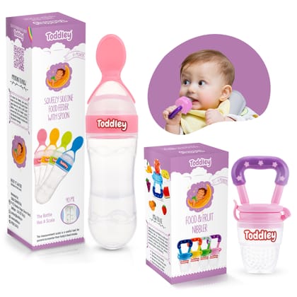 Toddley 2-Piece Baby Care Combo - Silicone Spoon Feeder, Food & Fruit Nibbler for 6+ Months (Pink)