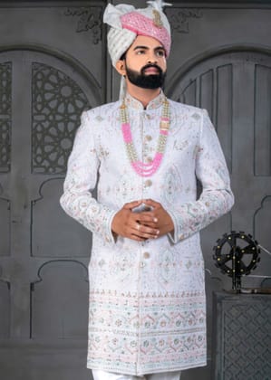 White and Pink Designer Sherwani for Groom-S