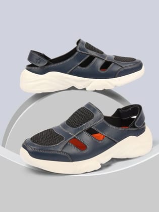 Men Navy Blue Hook and Loop Breathable Back Strap Ultra Lightweight Sports Shoe Style Sandals-6