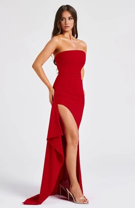Strapless Backless High Split Maxi Dress-Red / S