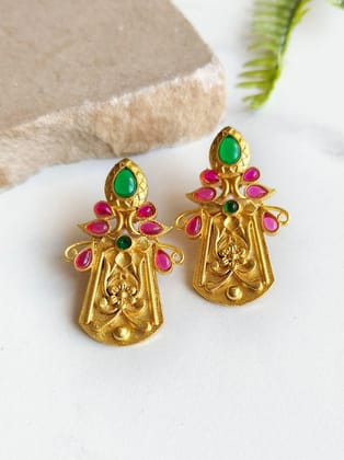 Glamorous Golden Dangler Earrings – Perfect for Party Elegance | Sarichka-Green+Magenta