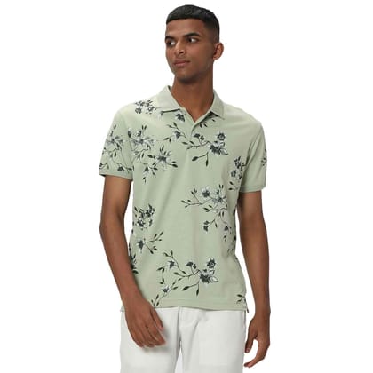 Mufti Light Green Floral Print Mini Waffle Polo T-Shirt