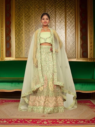 Semi-Stitched Lehenga with Embroidery & Zari Thread Work by Shreekama-Pista Green / Free Size