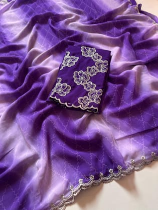 New Georgette Purple Color Shibori Print n Border Work Saree With Embroidered Blouse Piece