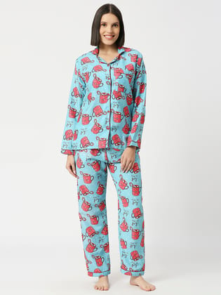 Cuppa Joy Button Down Pj Set - Cotton Rayon Pj Set with Notched Collar-XS