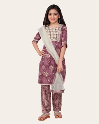 Kid Girls Embroidered Cotton Printed Full stitched Nayara Cut Kurtis with Bottom Dupatta set-Purple / 4 - 5 Years