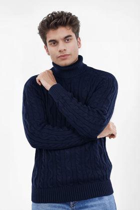 Navy Turtle Neck Cable Knit Pullover-M