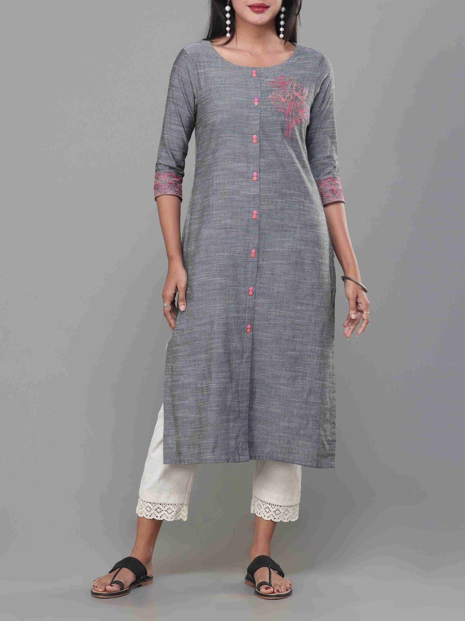 Grey viscose cotton slub kurti with embroidery