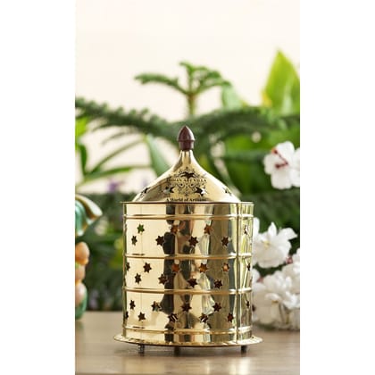 Indian Art Villa Pure Brass Akhand Jyot Diya, Star Design, Molded Brass Lid-Small