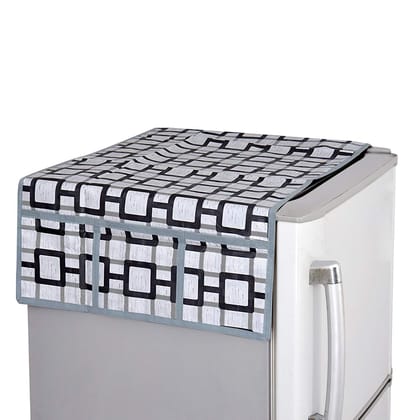 Kuber Industries Fridge Top CoverChecks Print  Water Resistant PVC Material6 Utility Side Pockets With Plain BorderSize 98 x 55 CM Pack of 1 Grey-Kuber Industries Fridge Top Cover, Water Resistan