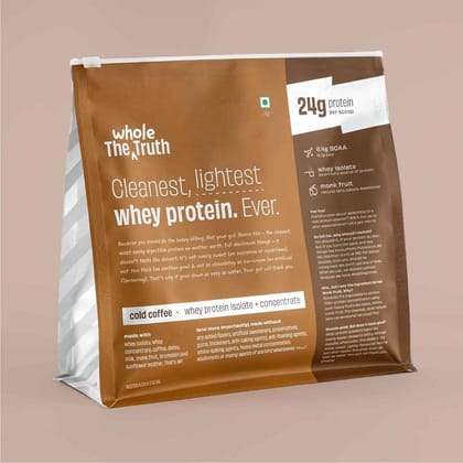 The Whole Truth Whey Protein Isolate/Concentrate Cold Coffee 1kg 24g Protein/Scoop 6.6g BCAA 100% Authentic Whey No Adulteration Easy to Digest-The Whole Truth Whey Protein 1kg | Cold Coffee | 24