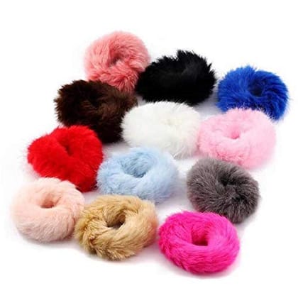 Aliza Fur Elastic Fluffy Faux Rope Furry Ring Band Multi Color Hair Scrunchie for Girls - 12 Pieces (random colour)