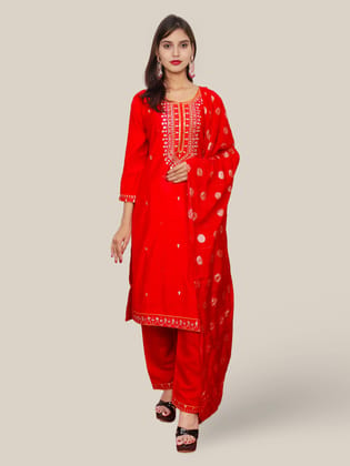 Rayon-Cotton Embroidered Straight Kurti Set with Pant and Dupatta-Red / L