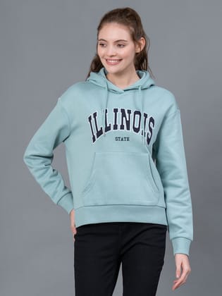 Red Tape Light Sea Green Embroidered Cotton Poly Fleece Women's Hoodie