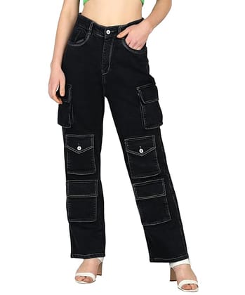 Glossia Fashion Women Cargo Jeans | High Waist Stretchable Loose Straight Fit Denim| Boyfriend Jeans for Women -  Black, 26