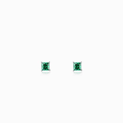 Silver Emerald Green Square Stud Earrings