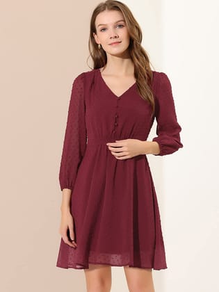 Maroon Fit & Flare V-Neck Georgette Dress-XS