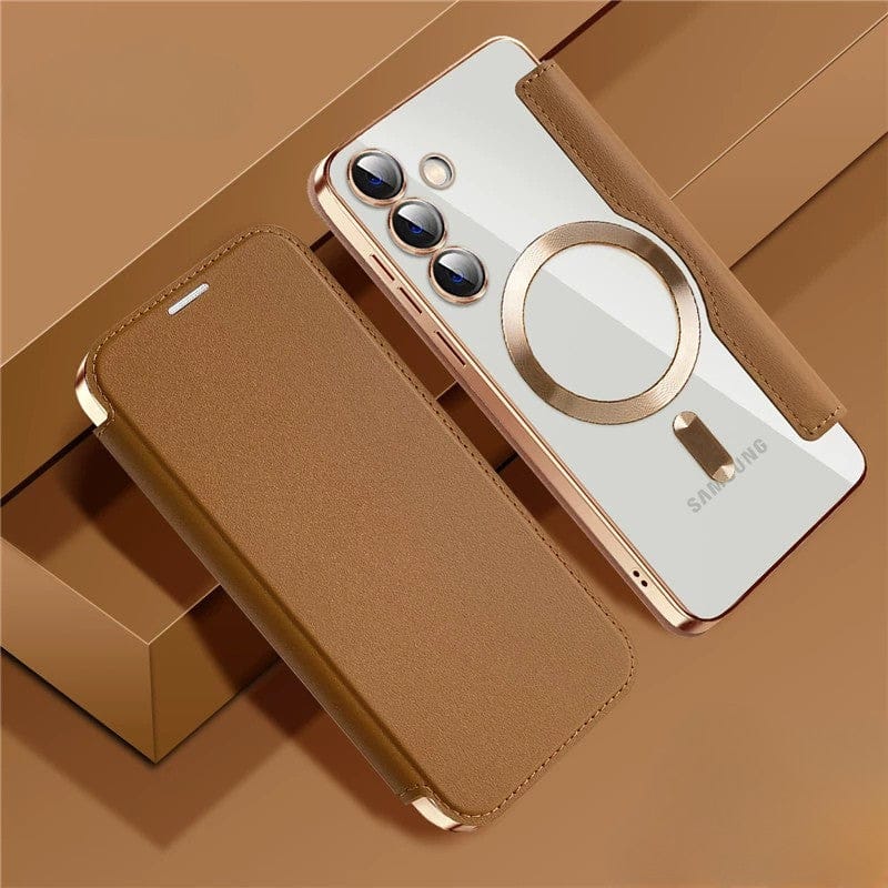 Gold Electroplated Premium Leather Luxury Flip Case-Samsung Galaxy S22